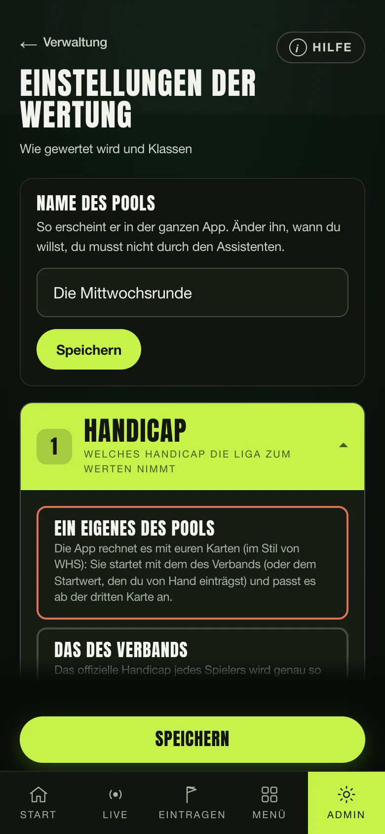 Die Einstellungen der Wertung des Pools: Punkte und Klassen