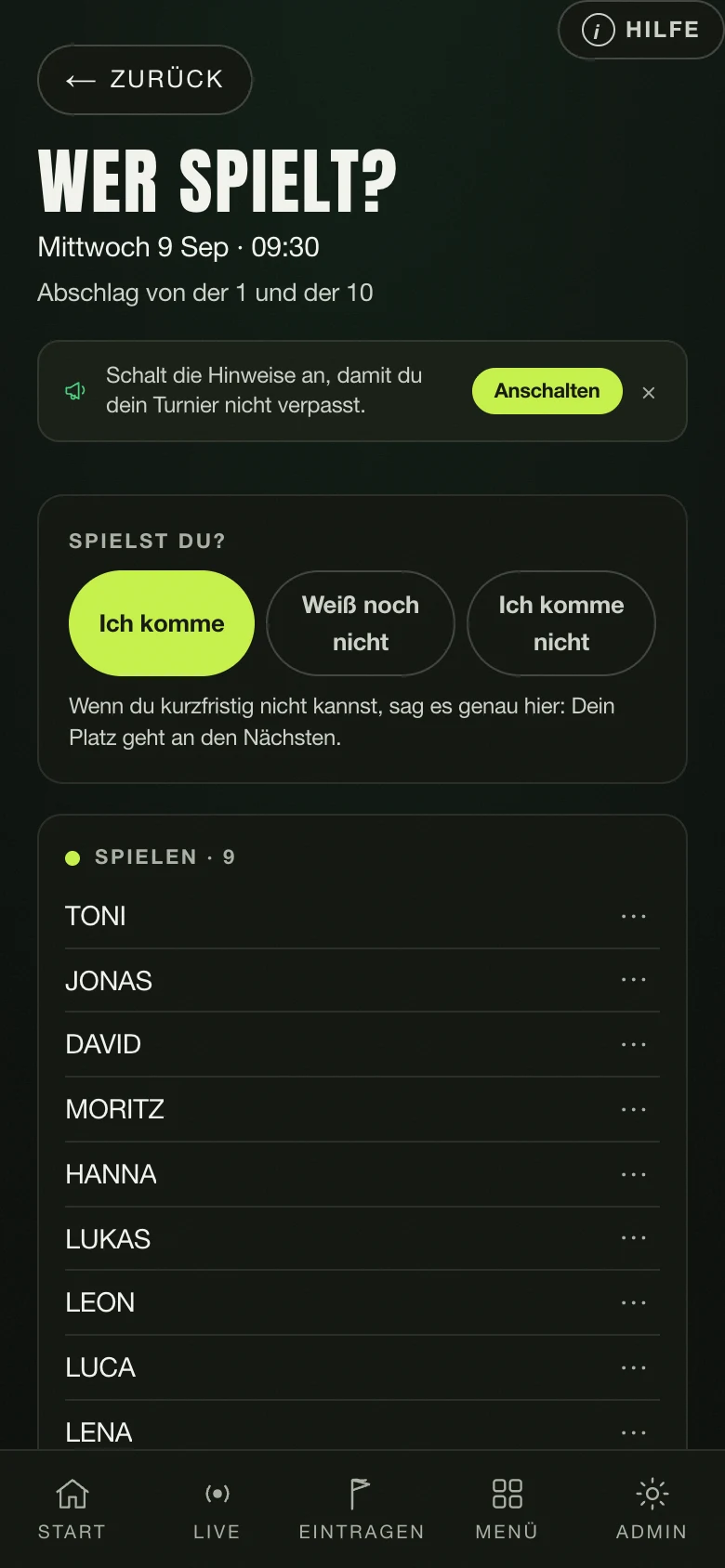 Die Anmeldung von Nintee: wer am Mittwoch spielt, mit den Zusagen