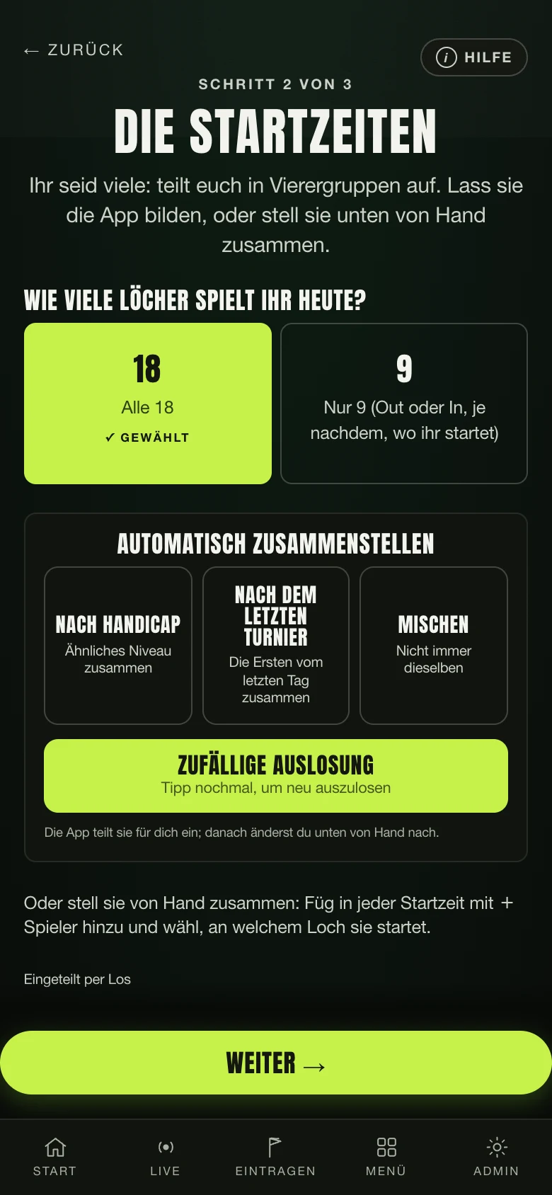 Die Startzeiten von allein eingeteilt, mit sichtbarer Methode