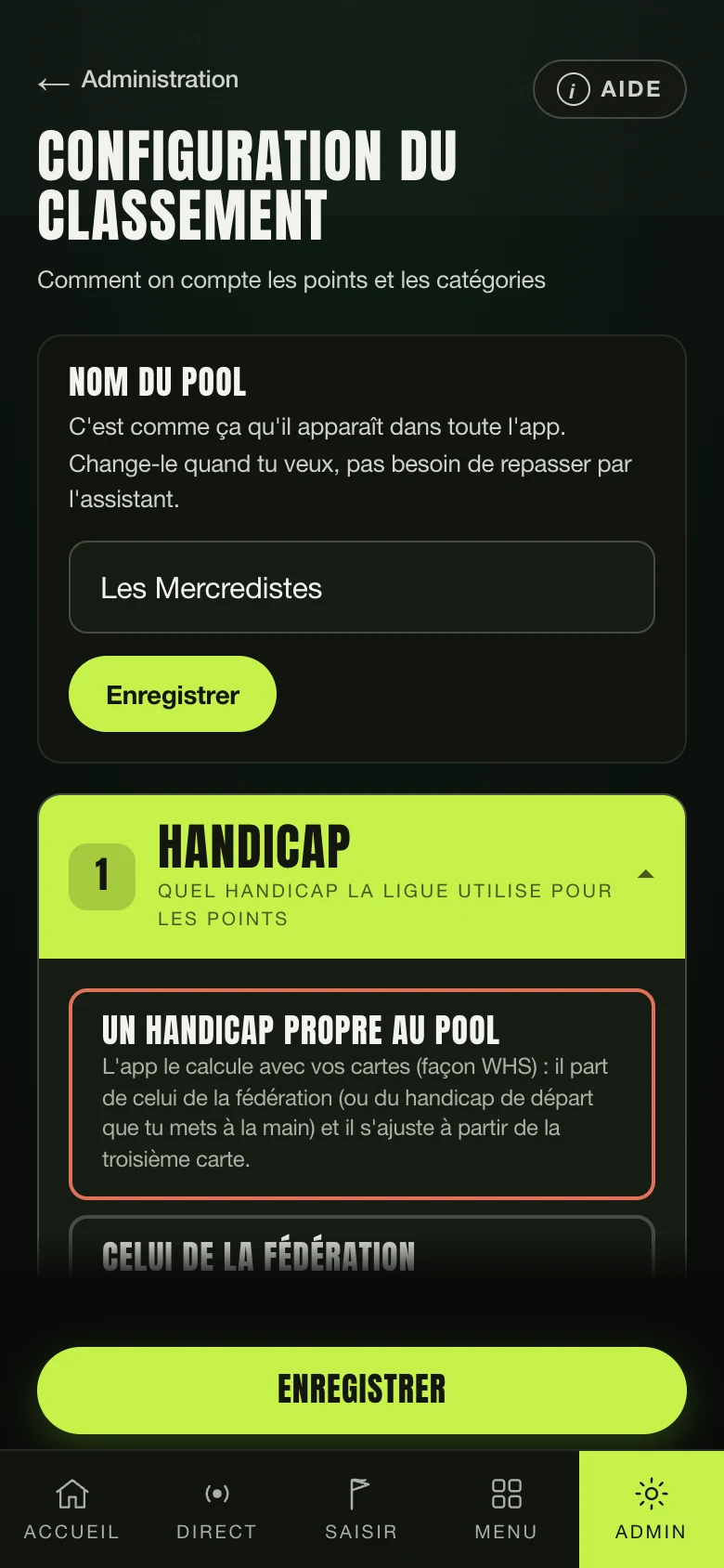 La configuration du classement du pool : décompte et catégories