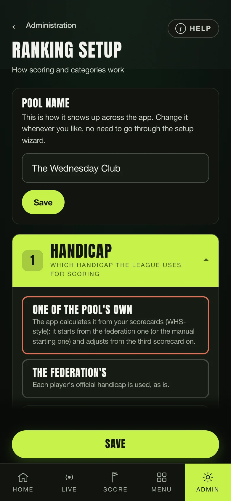 The pool's ranking settings: points and divisions