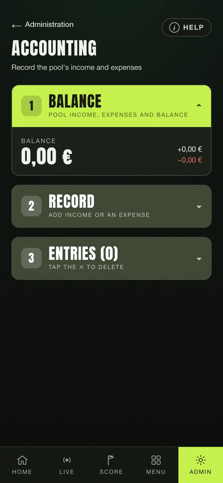 The pool's books: income, expenses and balance