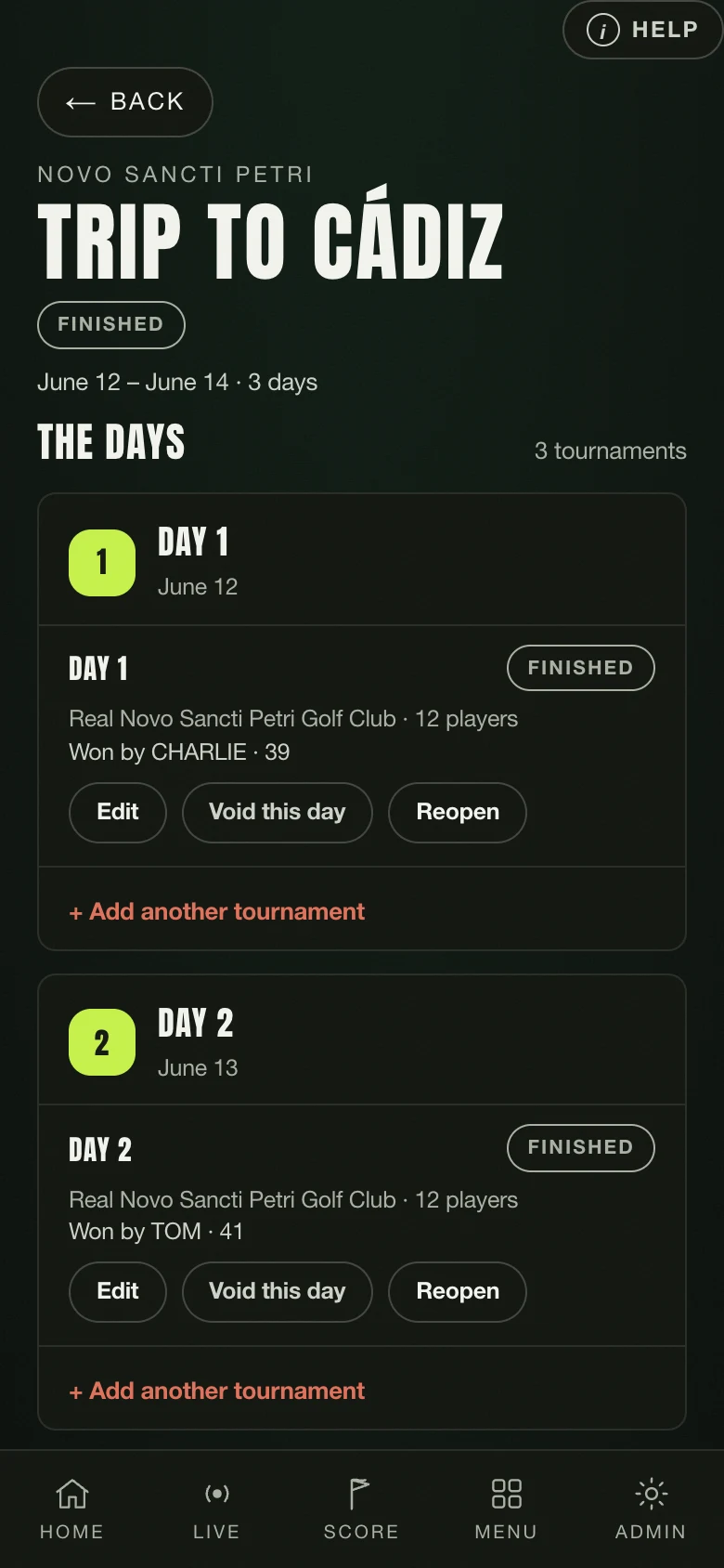 A several-day golf trip in Nintee, with its days and its standings