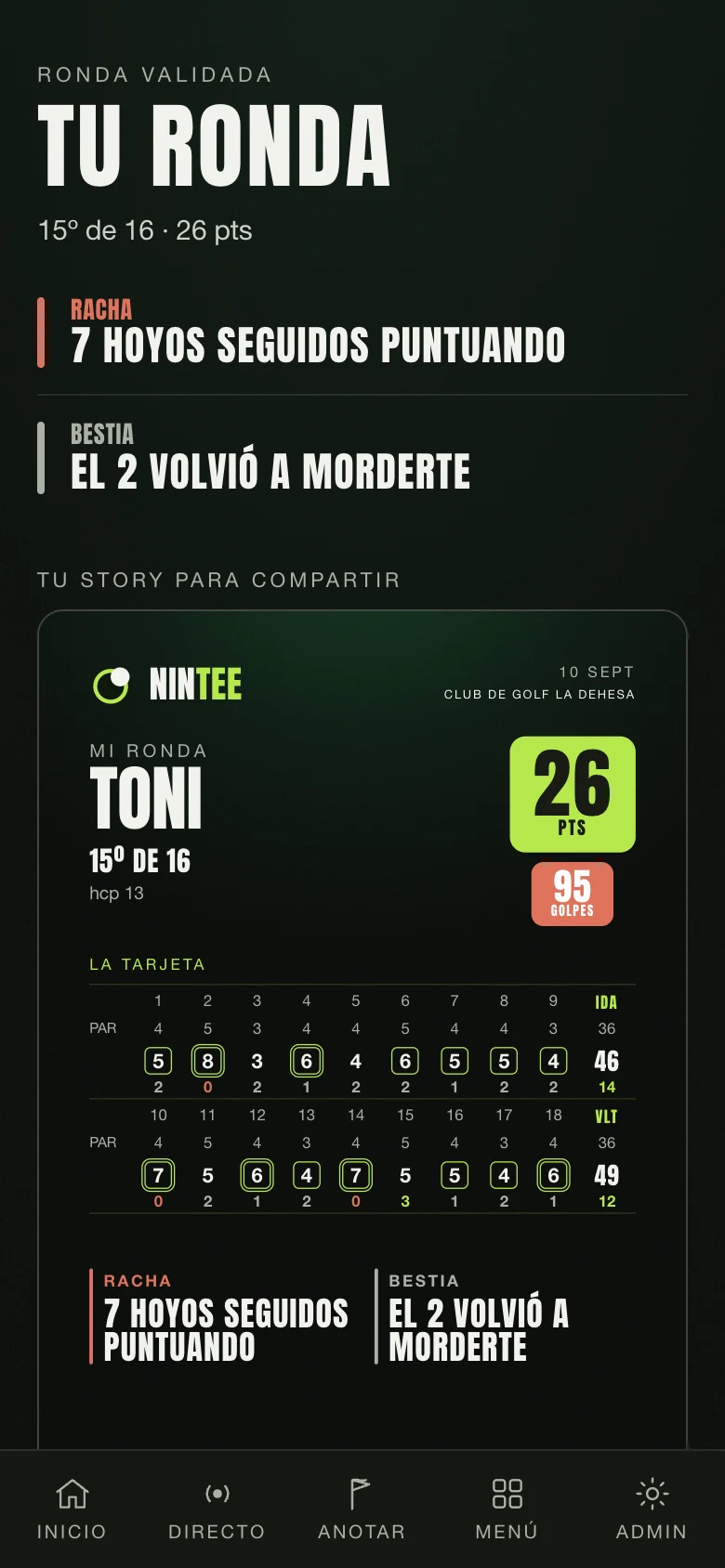 La tarjeta de Nintee: se anota hoyo a hoyo con un toque