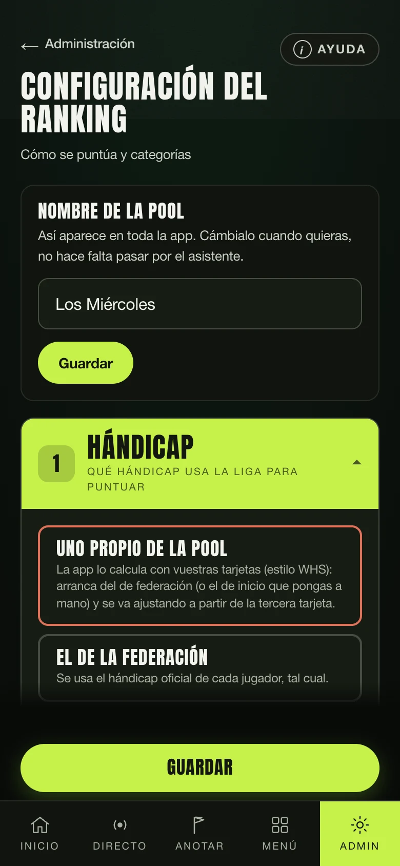 La configuración del ranking de la pool: puntuación y categorías