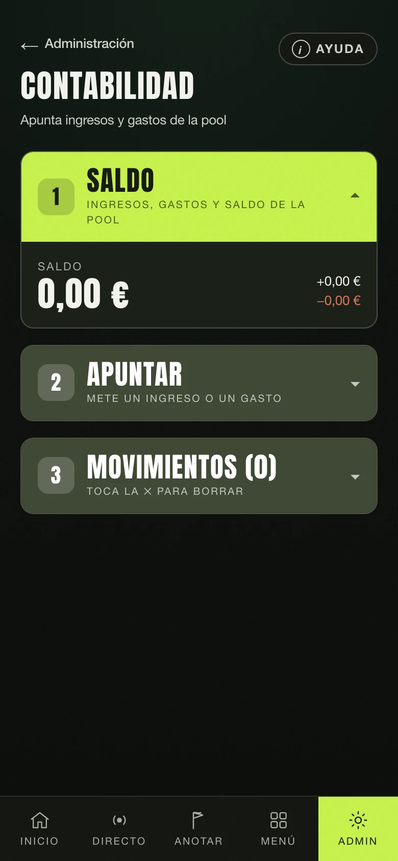 La contabilidad de la pool: ingresos, gastos y saldo
